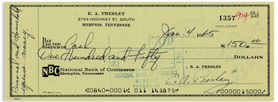 Elvis Presley Check Signed From 4 January 1965 Made Out to ''Cash'' -- With COA From Graceland Authenticated